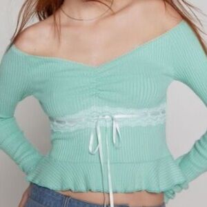 Urban outfitters Kimchi Blue Off The Shoulder Lace Inset Top Green XS, S, MED